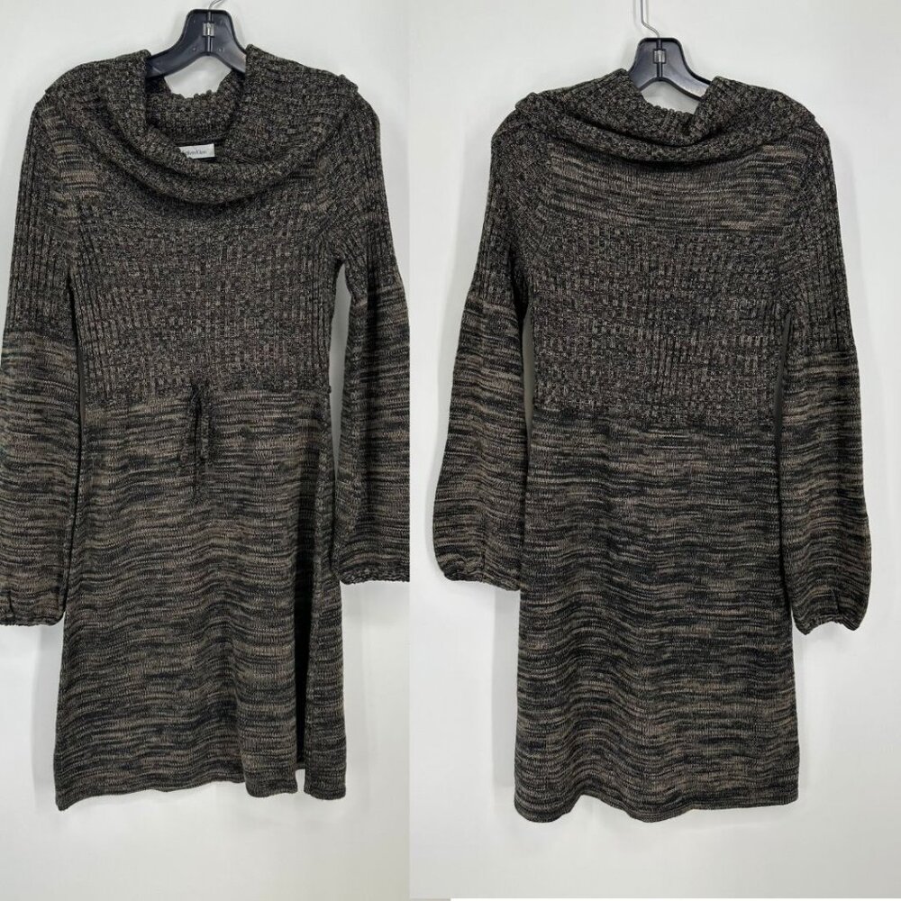 Calvin Klein Sweater Dress Cowl Neck A Line Marled Knit Long Sleeve Brown Black